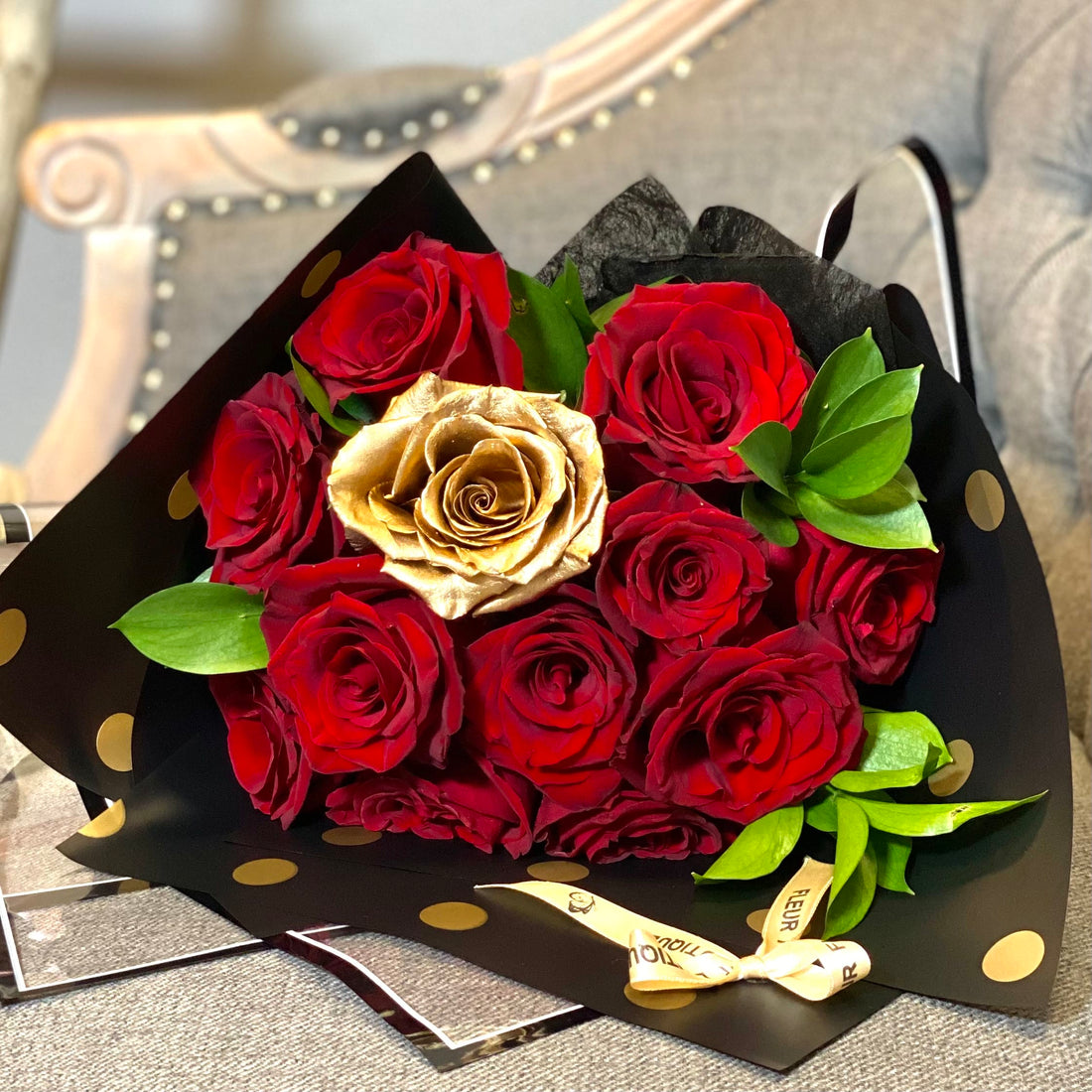 Golden Love - Hand Tied Red Rose Bouquet with Golden Rose
