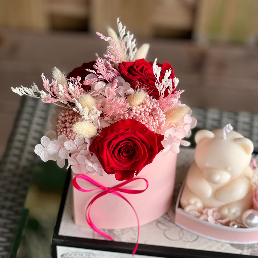 Preserved Floral Gift Set &amp; Teddy Bear Candle